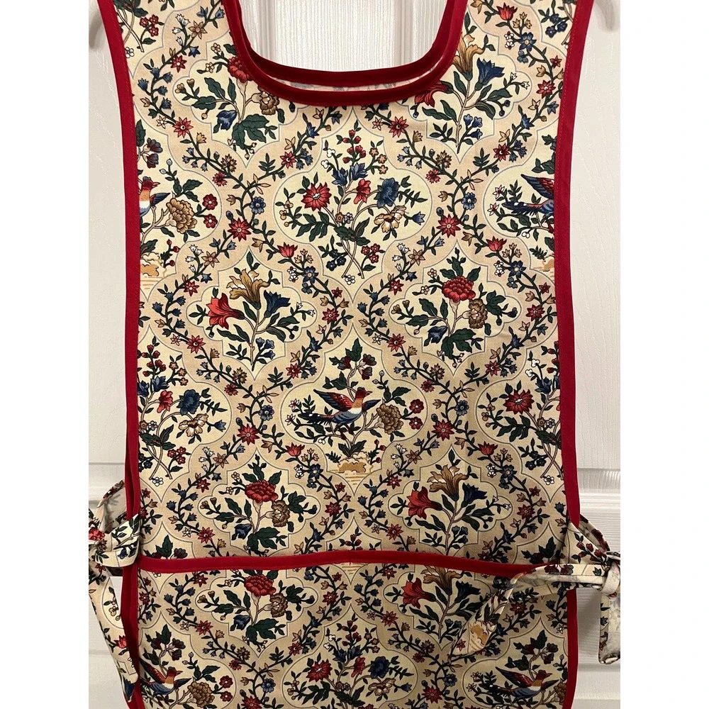 Red Blue Floral Bird Side Tie Apron, Handcrafted Kitchen Linen